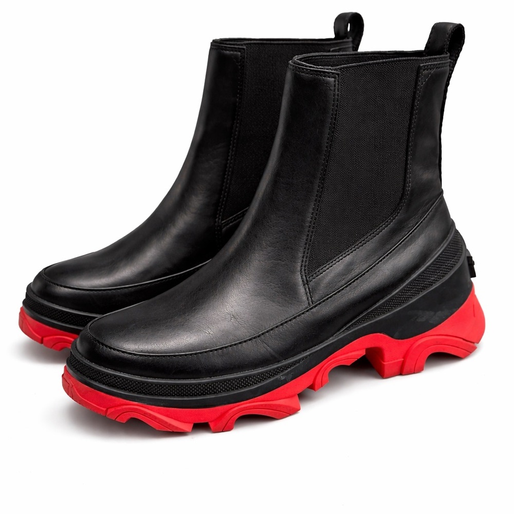 Sorel Black Leather Chelsea Boots with Red Lug Sole - Picture 4 of 10